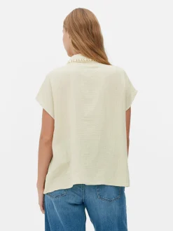 Blusa De Manga Corta Con Ribetes De Ganchillo