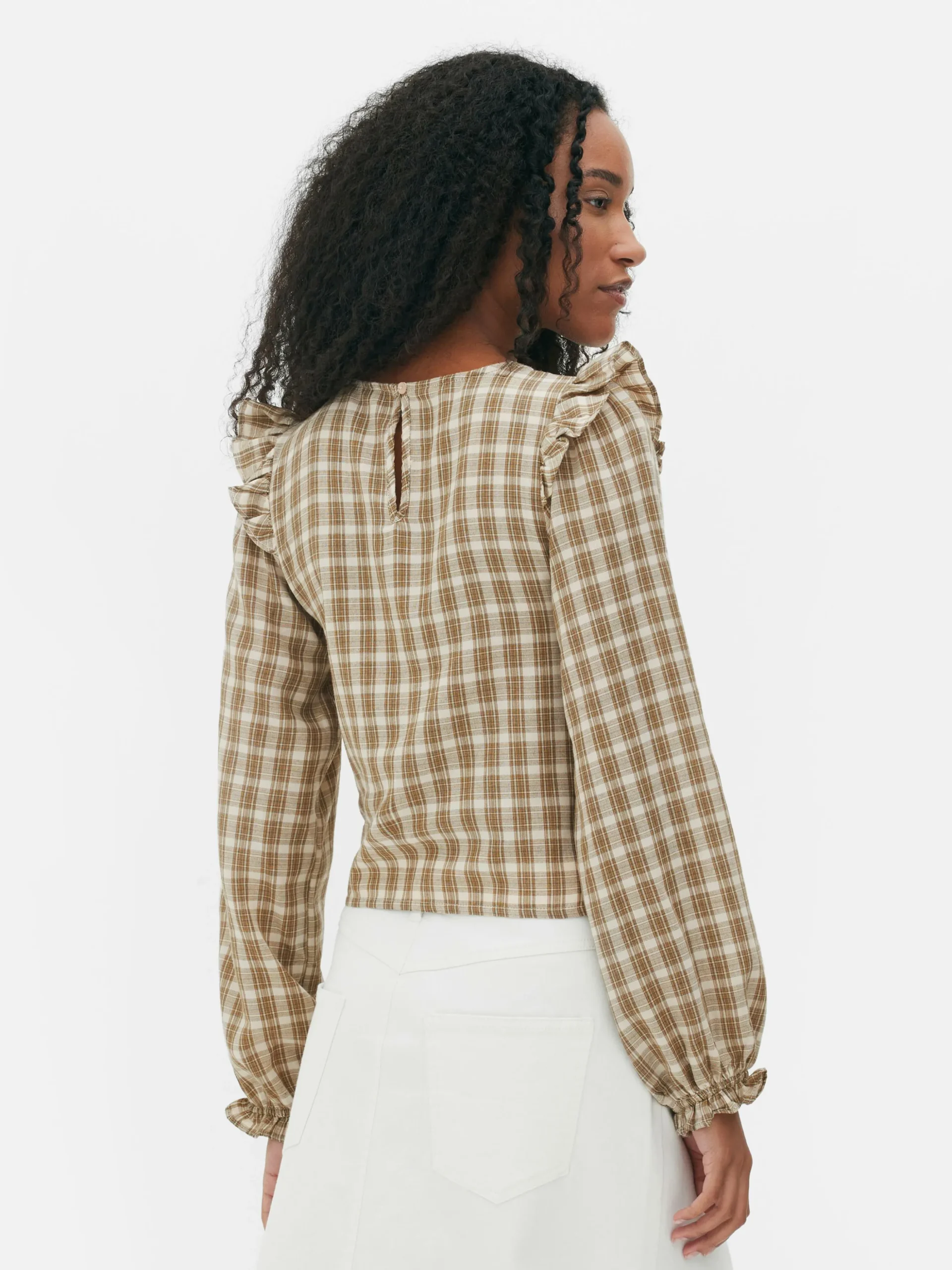 Blusa Fruncida De Cuadros De Manga Larga