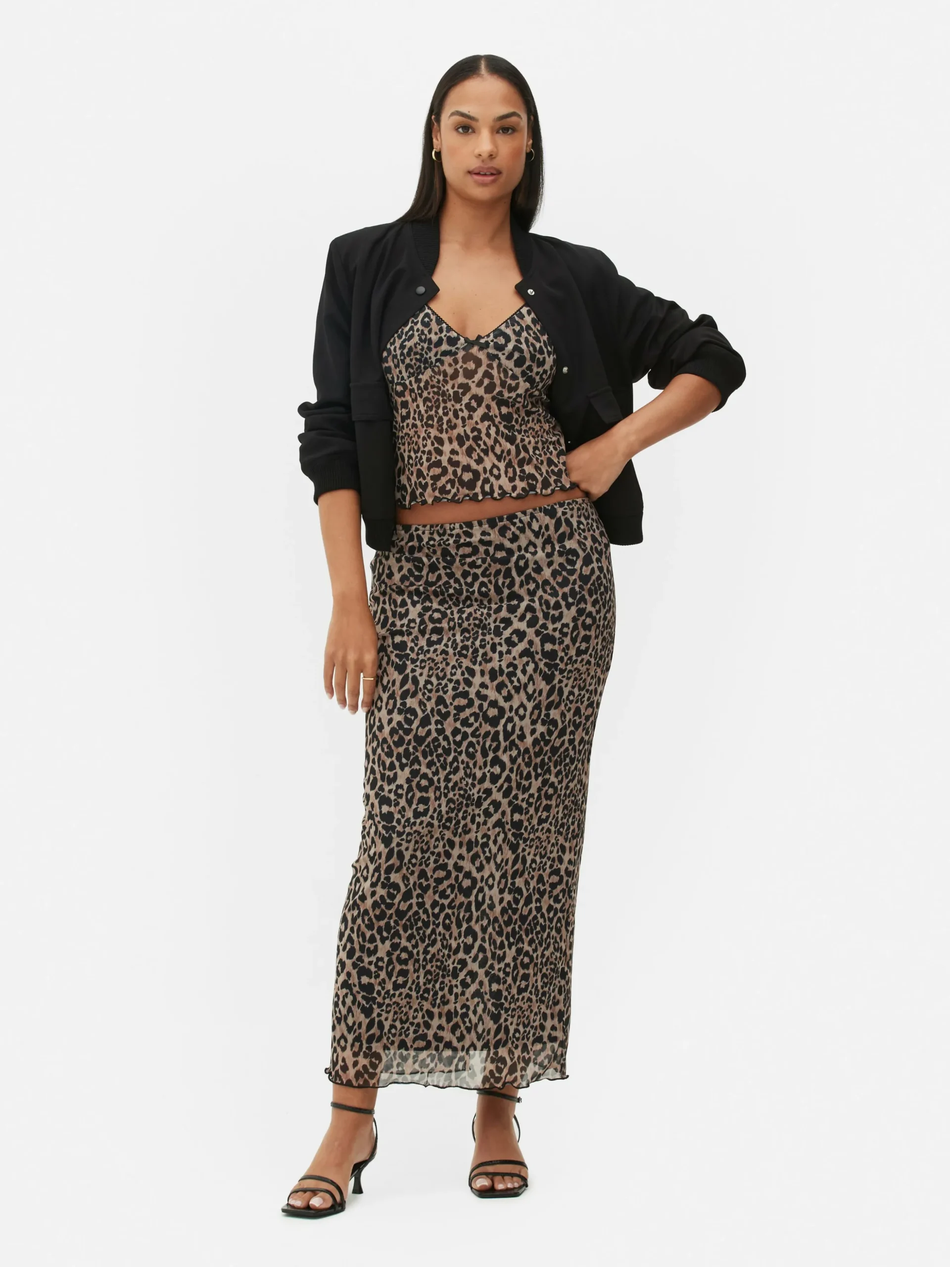 Falda Midi De Leopardo Con Superposición De Malla