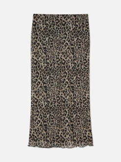 Falda Midi De Leopardo Con Superposición De Malla
