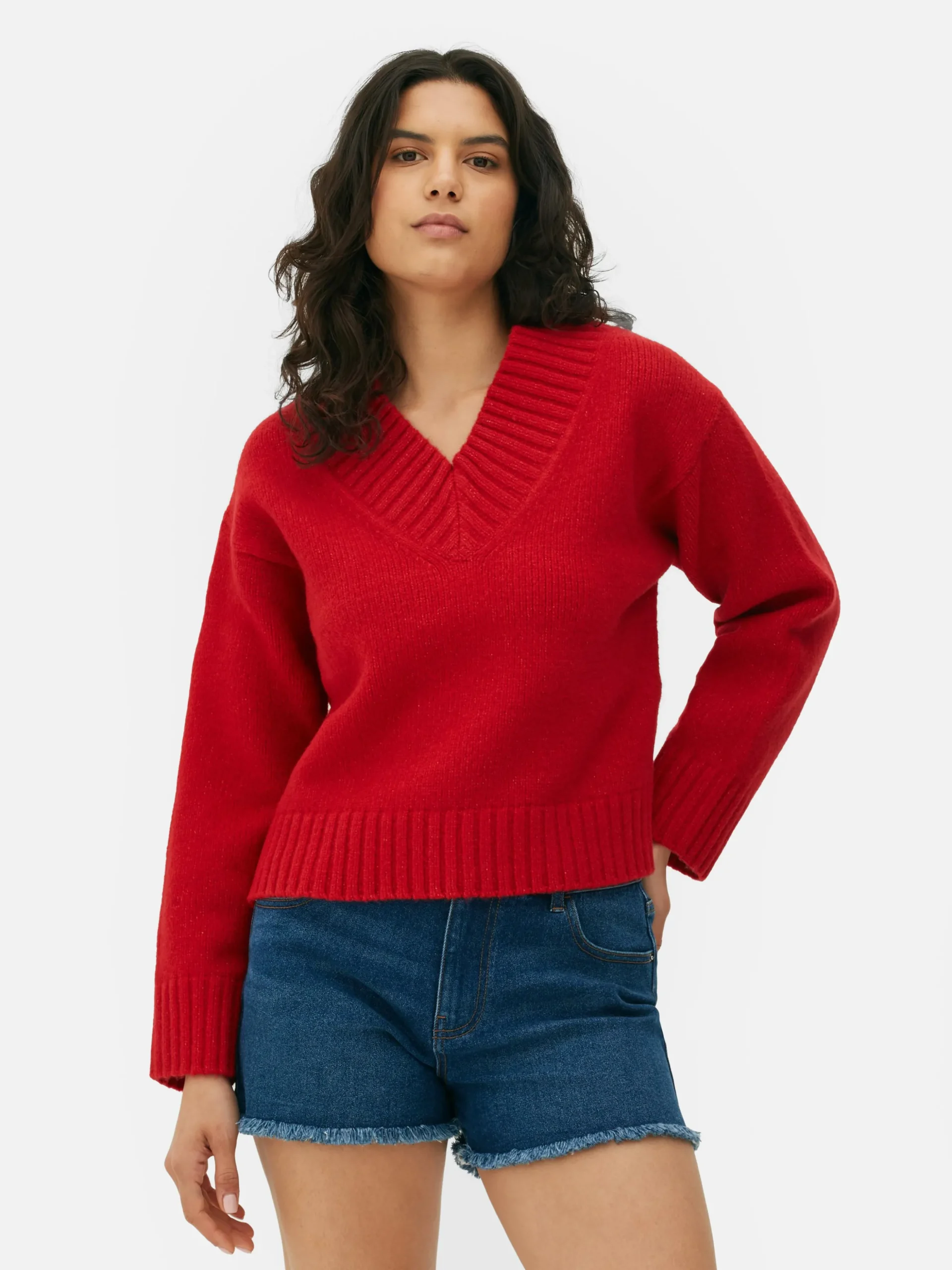 Jersey De Punto Grueso Con Cuello De Pico