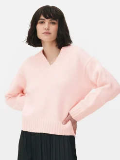 Jersey De Punto Grueso Con Cuello De Pico